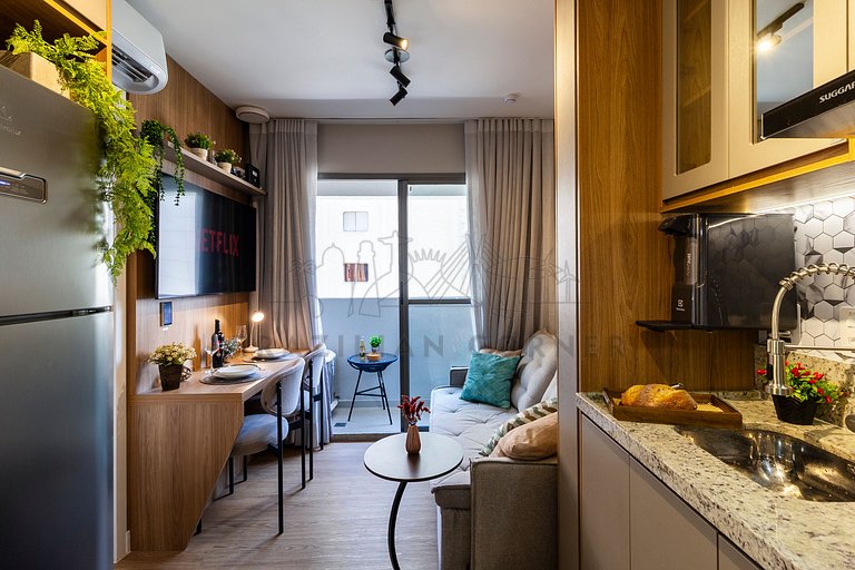 Modern and high-tech with A/C, pool, and gym