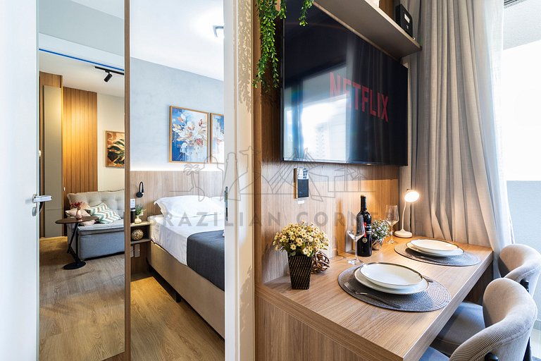 Modern and high-tech with A/C, pool, and gym