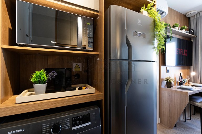 Modern and high-tech with A/C, pool, and gym